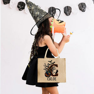 Personalized Pumpkin Bat Spider Web Trick Or Treat Jute Tote Bag Halloween A Gift For A Child