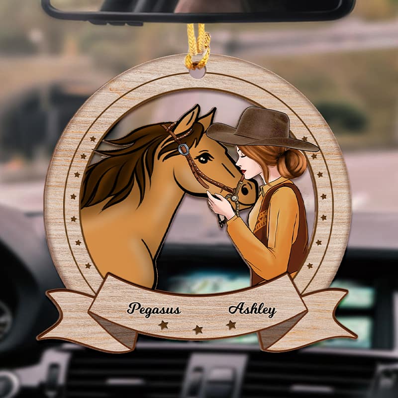 Girl Loves Her Horse Horseshoe Shape Personalized Wooden Ornament