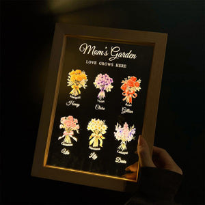 Mom's Garden Birth Month Flower Bouquet Customized LED Light With Wooden Frame