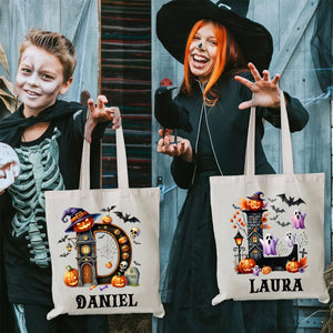 Personalized Halloween Trick Or Treat Candy Monogram Canvas Tote Bag For Kids