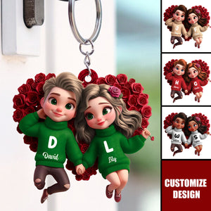 Cute Cartoon Couple Hand In Hand Personalized Car Keychain, Gift for him, her