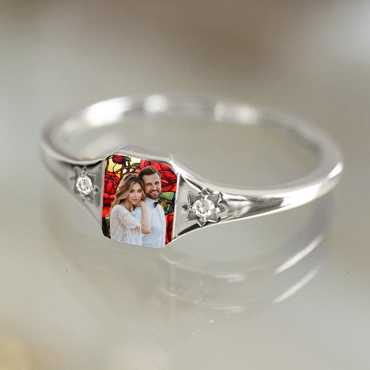 Personalized Stained Glass Background Photo Birthstone Ring