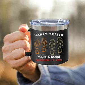 Happy Trails Adventure Awaits Hiking Camping Couple Gift - Personalized 14oz Stainless Steel Tumbler With Handle