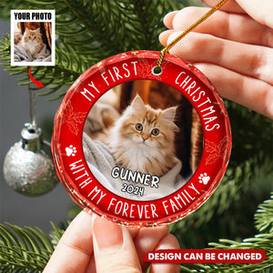 Custom Photo First Christmas Pet Lovers - Personalized Circle Glass Ornament