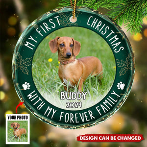 Custom Photo First Christmas Pet Lovers - Personalized Circle Glass Ornament