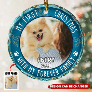 Custom Photo First Christmas Pet Lovers - Personalized Circle Glass Ornament