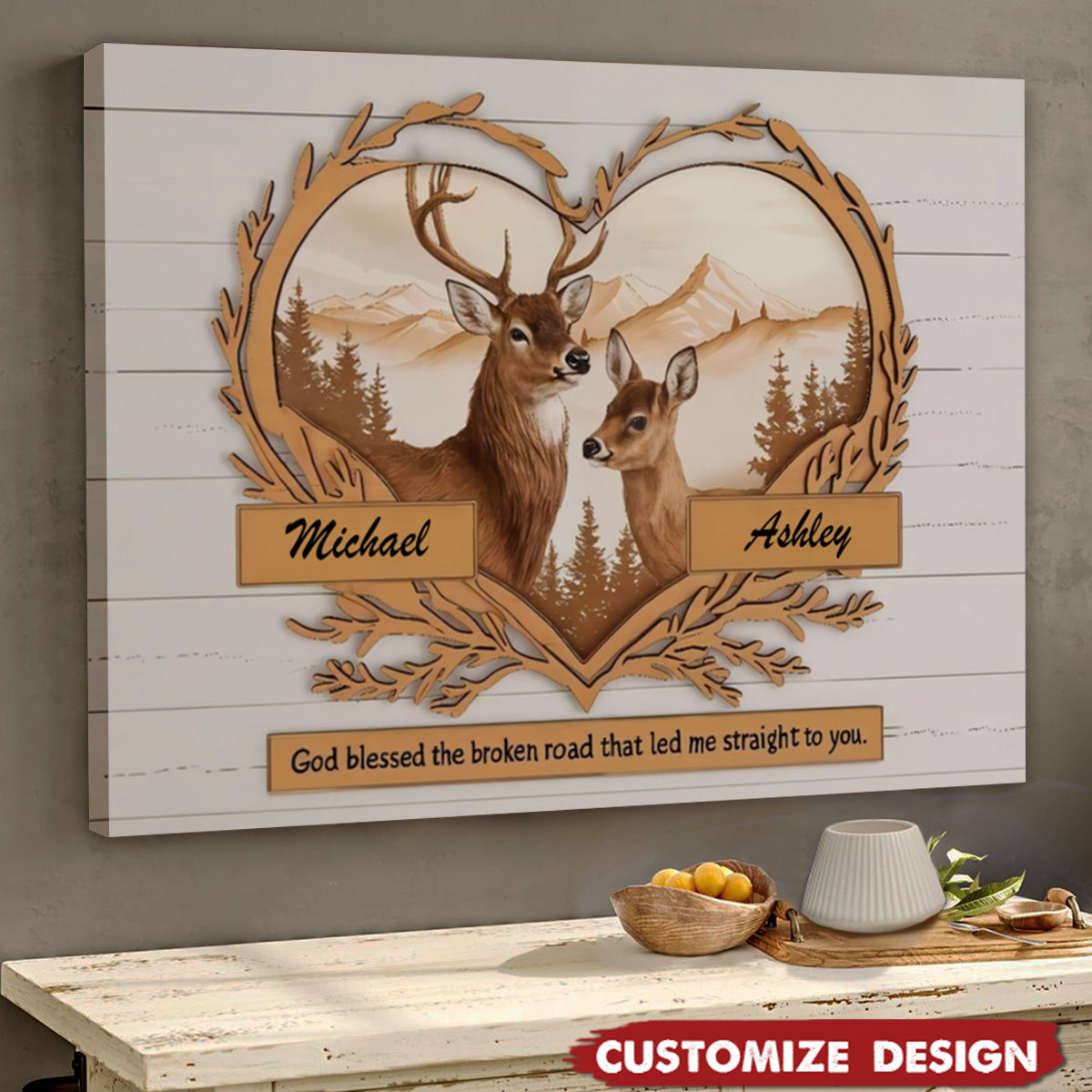 Personalized Poster - Couple Gift - Deer Love Mountains