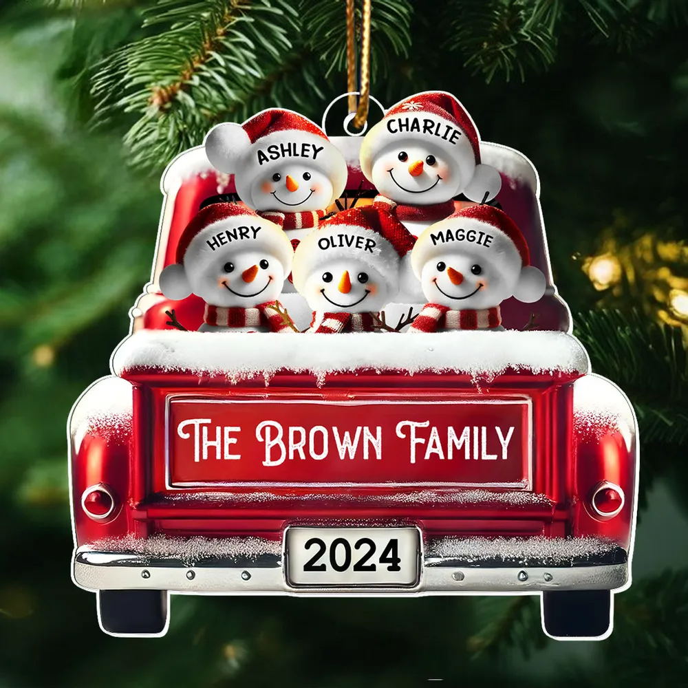 Personalized Snowman Family Acrylic Christmas Ornament, Red Truck Custom Name