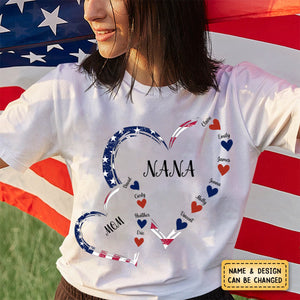 4th of July America Flag Heart Mom Grandma And Grandkids Hearts Personalized T-Shirt