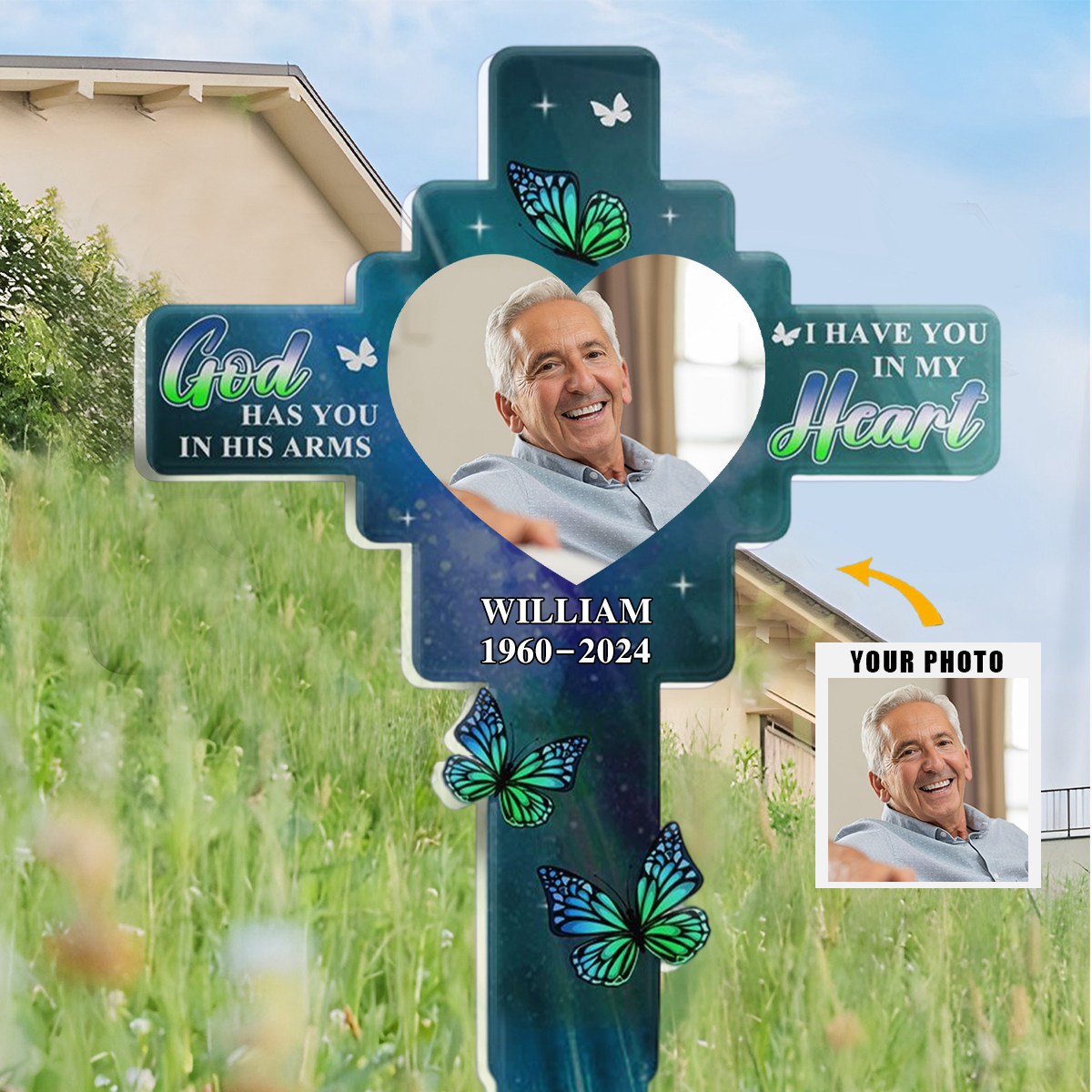 Custom Photo God Has You In His Arm - Personalized Acrylic Plaque Stake
