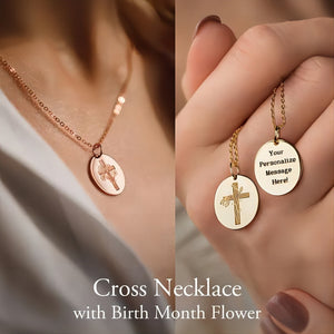 Personalized Engraved Cross Name Necklace with Birth Flower