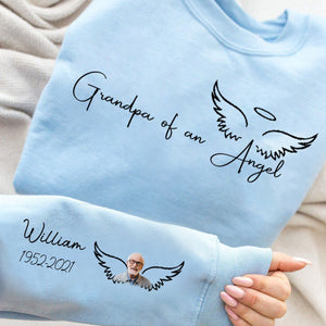 Memorial Custom Photo Wings On Sleeve, Momma Daddy Of An Angel Personalized Sweatshirt