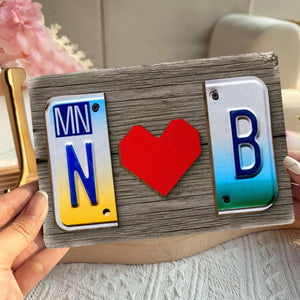 Custom License Plate Initials Couple with Red Heart Personalized Wooden Plaque