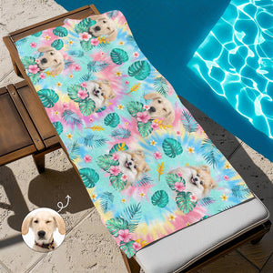 Custom Photo Happy Tails In Summer Trails - Dog & Cat Personalized Custom Beach Towel - Summer Vacation Gift