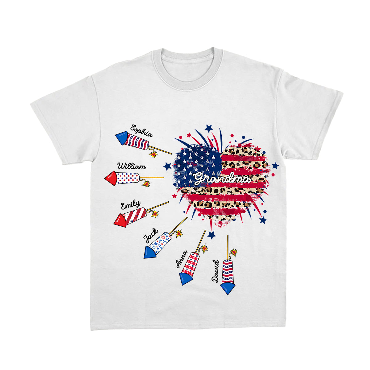 4th of July Heart Patriotic Firework Grandma with Grandkids Personalized Pure Cotton T-Shirt
