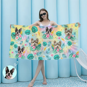 Custom Photo Happy Tails In Summer Trails - Dog & Cat Personalized Custom Beach Towel - Summer Vacation Gift