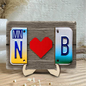 Custom License Plate Initials Couple with Red Heart Personalized Wooden Plaque