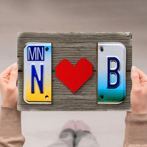 Custom License Plate Initials Couple with Red Heart Personalized Wooden Plaque