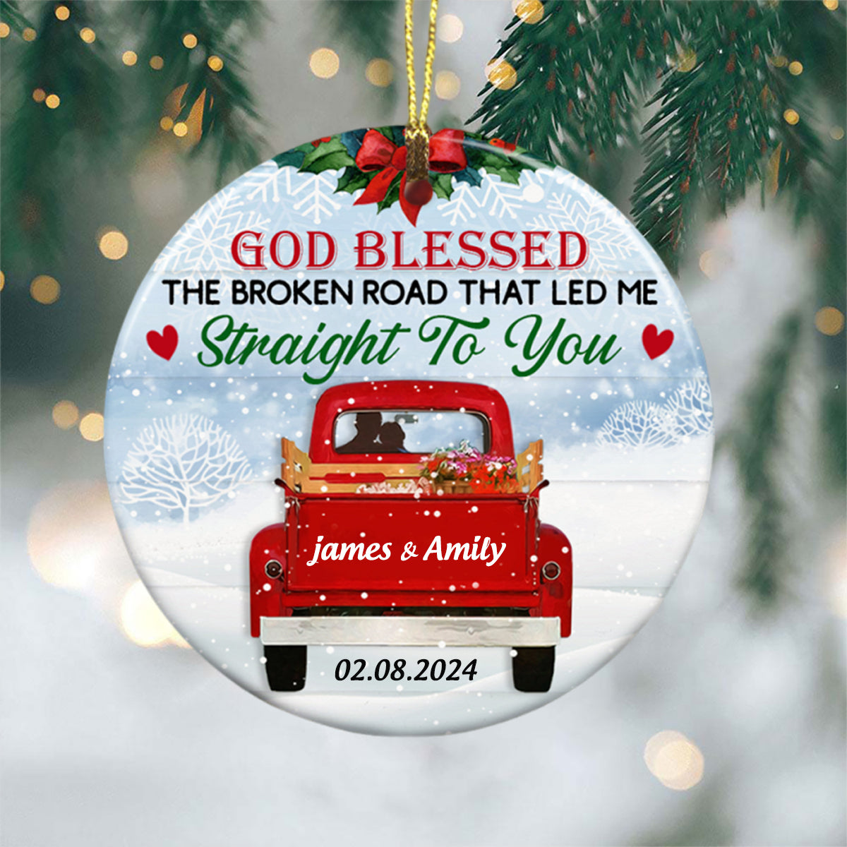 Personalized Couple Red Truck Circle Ornament