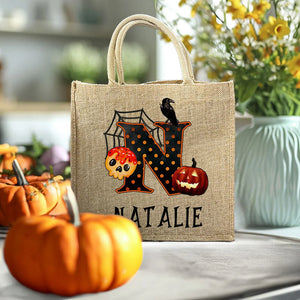 Personalized Pumpkin Bat Spider Web Trick Or Treat Jute Tote Bag Halloween A Gift For A Child