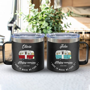 Home Is Where We Park It Camping- Camper Couple Gift - Personalized 14oz Stainless Steel Tumbler With Handle