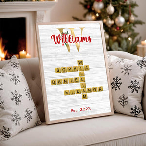 Personalized Christmas Glitter Family Name Crossword Puzzle Art Poster