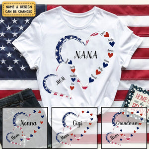 4th of July America Flag Heart Mom Grandma And Grandkids Hearts Personalized T-Shirt