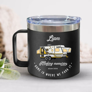 Home Is Where We Park It Camping- Camper Couple Gift - Personalized 14oz Stainless Steel Tumbler With Handle