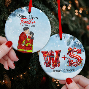 Save Lives Together Personalized Ceramic Ornament Firefighter Couple