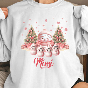 Pink Themed Snowman Grandma With Cute Little Kids Personalized Christmas Sweatshirt