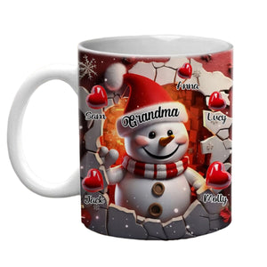 Red Snowman Grandma With Heart Kids - Personalized 15oz Christmas Mug