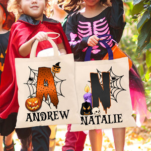 Personalized Halloween Trick Or Treat Candy Monogram Canvas Tote Bag For Kids