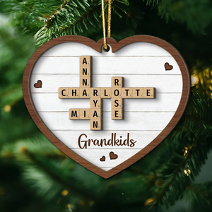 Grandkids Crossword Puzzle Art Personalized Heart Shaped 2-Layer Wooden Ornament