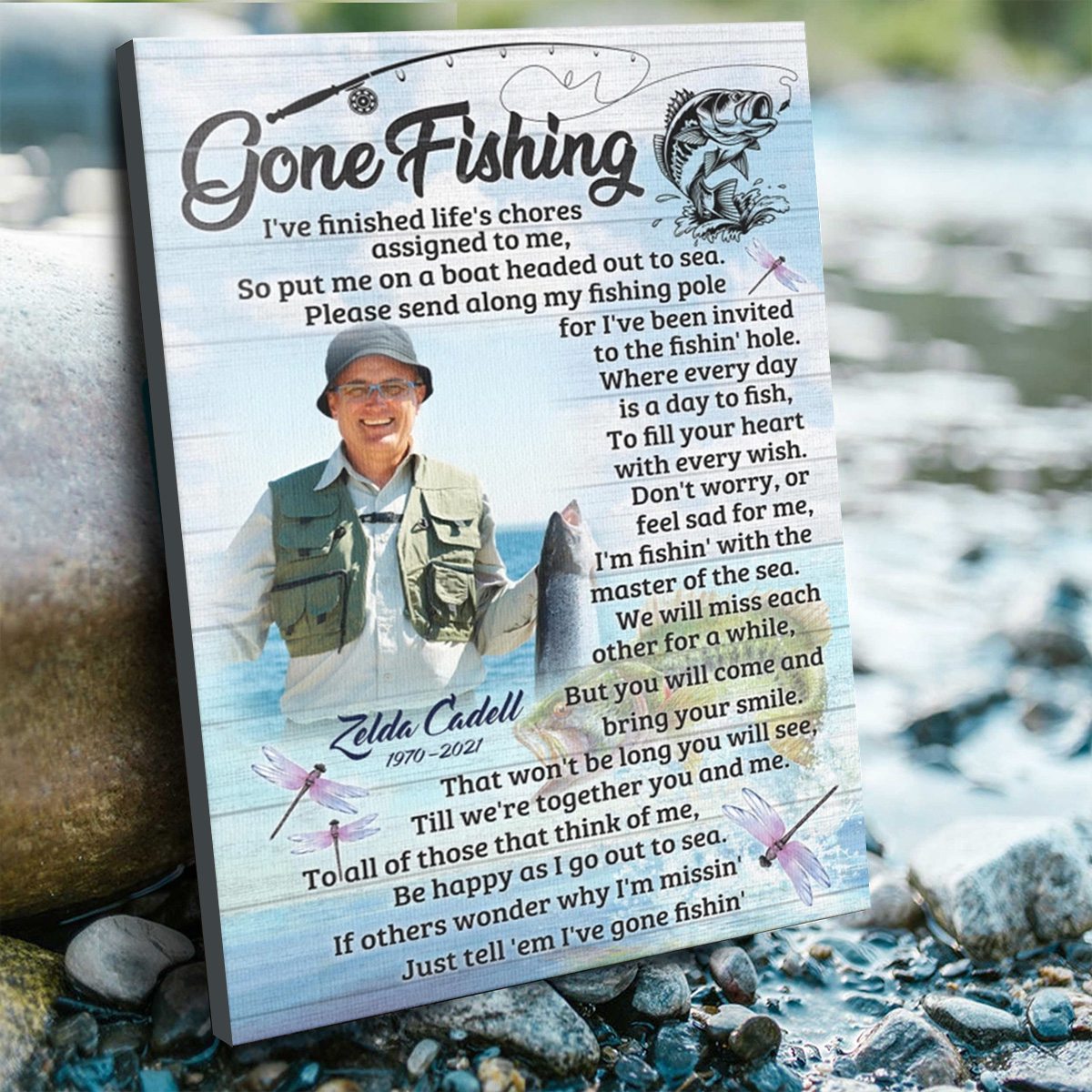 Personalized Memorial Fishing Canvas Poster, Gone Fishing Gift For Dad,Grandpa