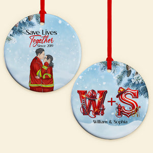 Save Lives Together Personalized Ceramic Ornament Firefighter Couple