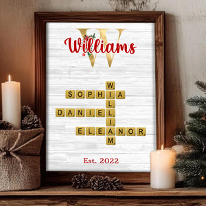 Personalized Christmas Glitter Family Name Crossword Puzzle Art Poster