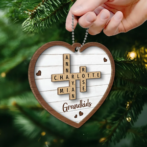 Grandkids Crossword Puzzle Art Personalized Heart Shaped 2-Layer Wooden Ornament