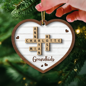 Grandkids Crossword Puzzle Art Personalized Heart Shaped 2-Layer Wooden Ornament