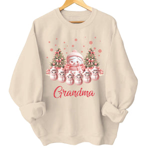 Pink Themed Snowman Grandma With Cute Little Kids Personalized Christmas Sweatshirt