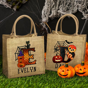 Personalized Pumpkin Bat Spider Web Trick Or Treat Jute Tote Bag Halloween A Gift For A Child