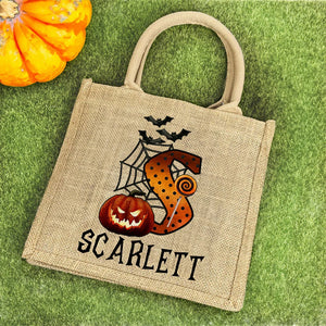 Personalized Pumpkin Bat Spider Web Trick Or Treat Jute Tote Bag Halloween A Gift For A Child