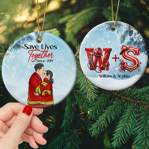 Save Lives Together Personalized Ceramic Ornament Firefighter Couple