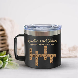 Brothers & Sisters Forever Linked Together Crossword Puzzle Art Personalized 14oz Stainless Steel Tumbler With Handle