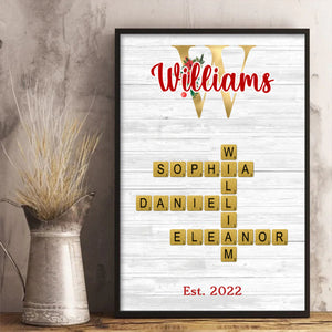 Personalized Christmas Glitter Family Name Crossword Puzzle Art Poster