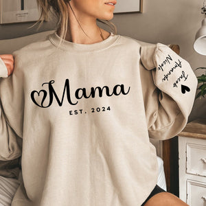 Personalized Mama Est Heart Sweatshirt with Kid Names on Sleeve