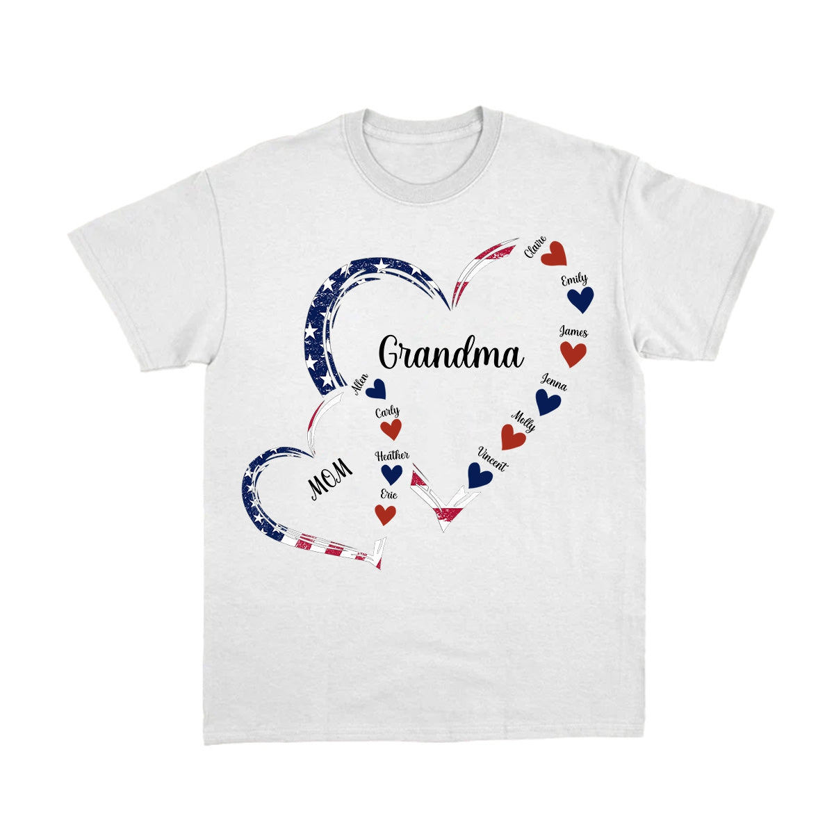 4th of July America Flag Heart Mom Grandma And Grandkids Hearts Personalized T-Shirt