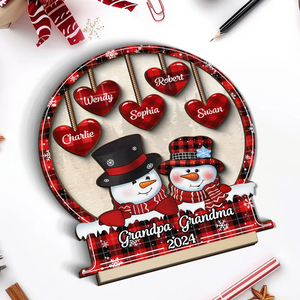 Snowman Papa Nana Heart Kids Snowball Christmas Decor - Personalized 2-Layered Wooden Plaque