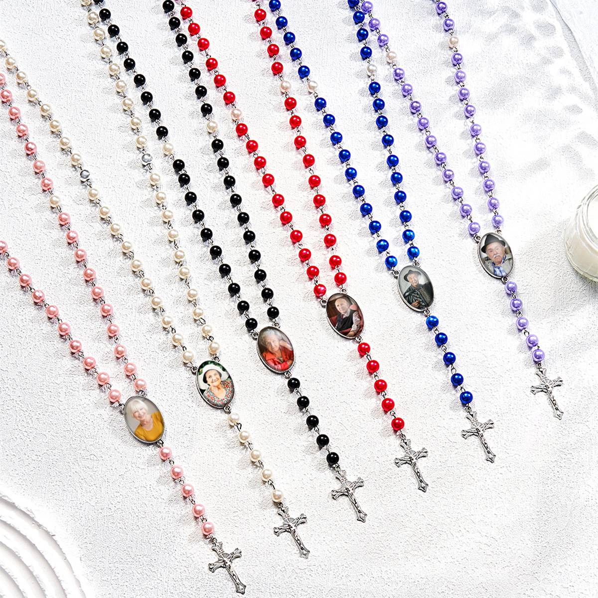 Custom Rosary Beads Cross Multi-Personalized Necklace With Photo Memorable Gift For Women