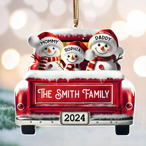 Personalized Snowman Family Acrylic Christmas Ornament, Red Truck Custom Name