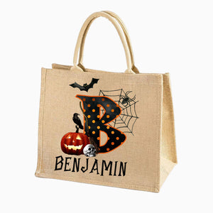 Personalized Pumpkin Bat Spider Web Trick Or Treat Jute Tote Bag Halloween A Gift For A Child